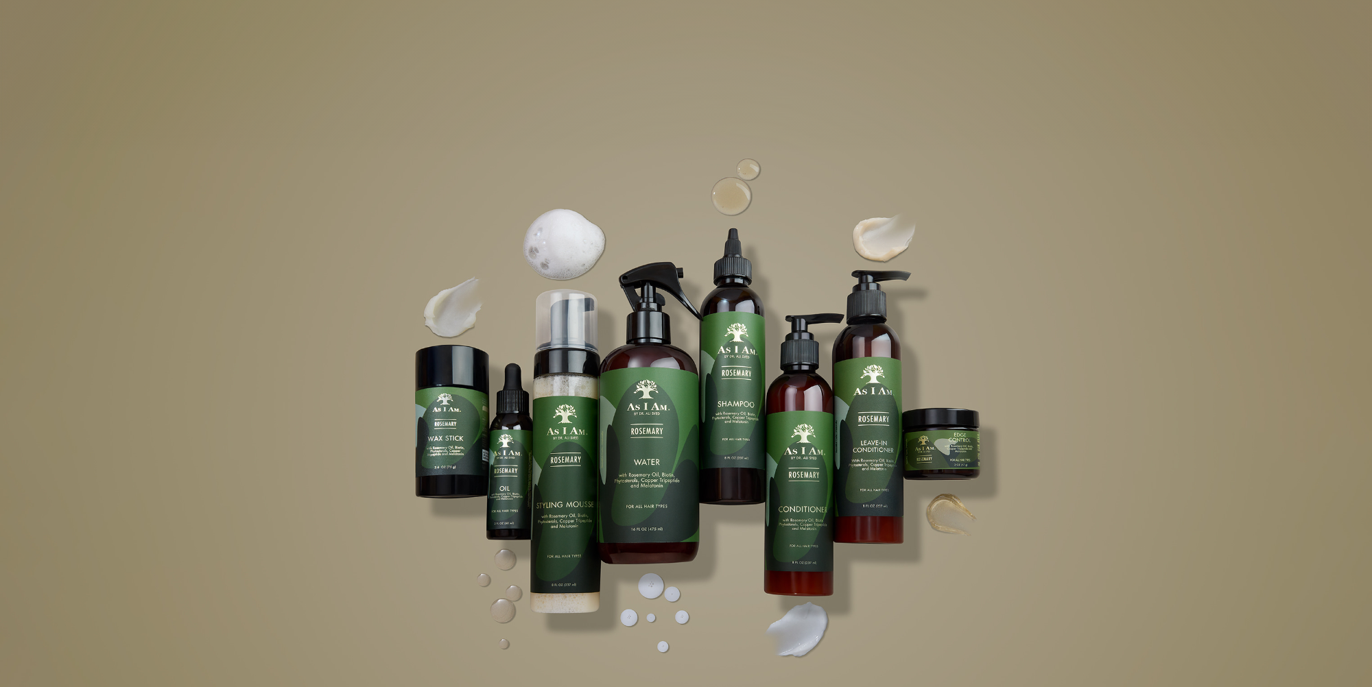 مجموعة As I Am Rosemary Collection - نظام عناية بالشعر مكون من 8 منتجات غنية بإكليل الجبل والبيوتين والميلاتونين وثلاثي الببتيد النحاسي والسيراميد. تشمل شامبو النعناع المائي والبلسم وبلسم الشعر الذي يترك على الشعر وعصا الشمع وعصا الشمع وموس التصفيف وزيت الشعر وفروة الرأس - وجميعها مصممة لتقوية الشعر وتكثيفه وتعزيز نمو الشعر الصحي وتغذية فروة الرأس.