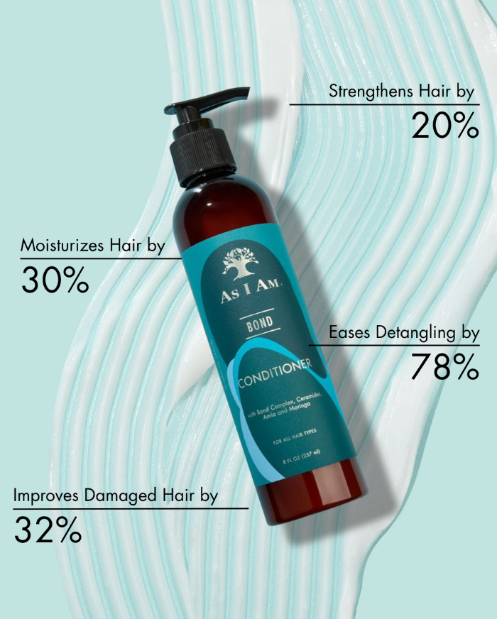 زجاجة بلسم As I Am Bond مع نص يبرز فوائد الشعر على خلفية زرقاء فاتحة