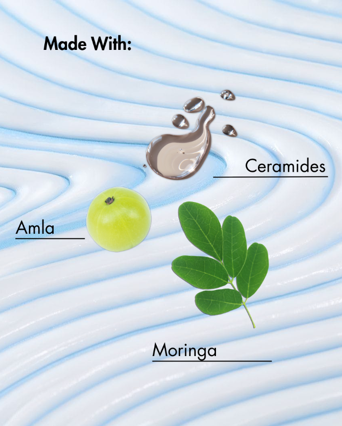 رسم تخطيطي يوضح الأملا والمورينغا والسيراميد على خلفية زرقاء متموجة.