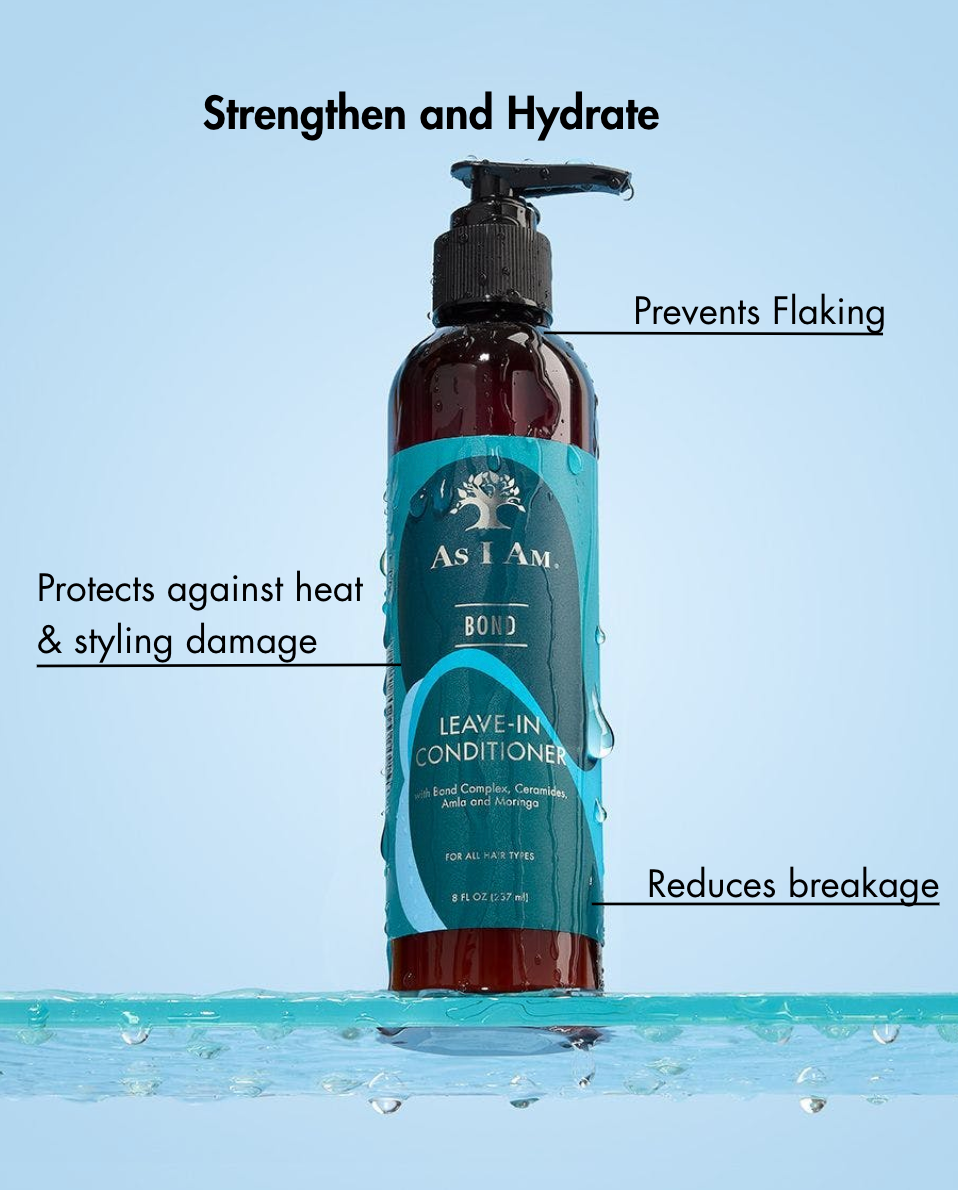 زجاجة بلسم يترك على الشعر مع نص يبرز فوائده على خلفية زرقاء