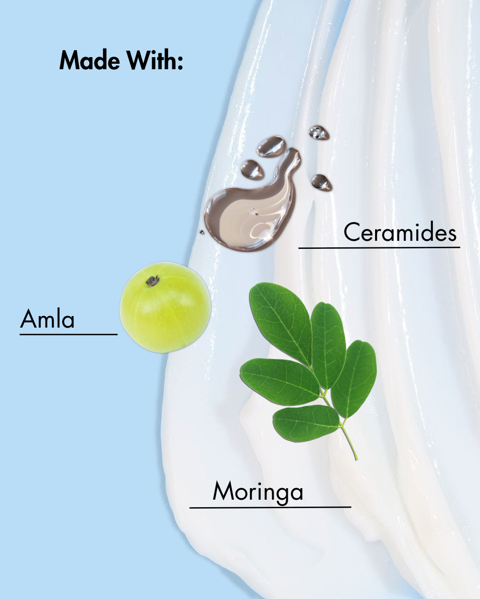 منتج مكتوب عليه "مصنوع من:" يحتوي على الأملا والسيراميد والمورينغا على خلفية زرقاء فاتحة.