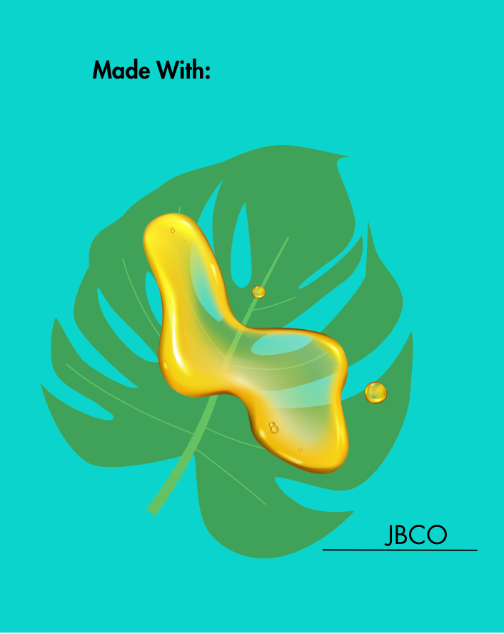 جسم ذهبي الشكل على شكل ورقة ذهبية على ورقة خضراء مع نص "صُنع بـ:" و"JBCO" على خلفية مخضر