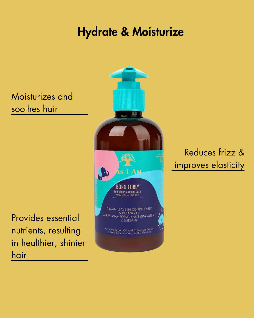 زجاجة منتج للعناية بالشعر مع نص على خلفية صفراء
