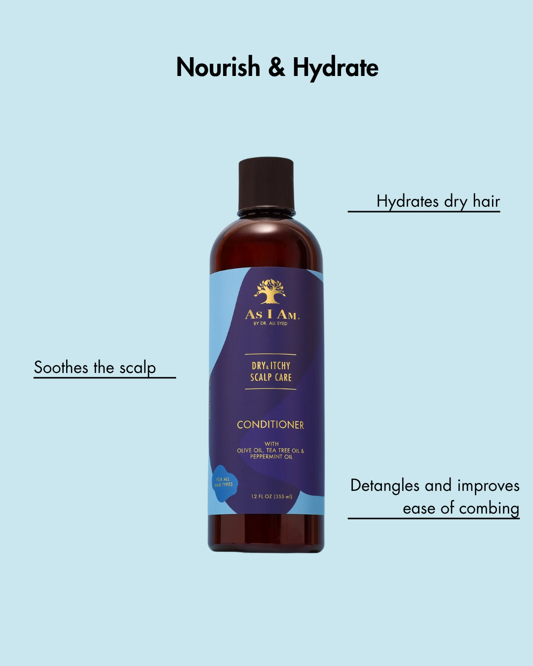 زجاجة من بلسم العناية بفروة الرأس الجافة للعناية بفروة الرأس As I Am Dry Italp Care على خلفية زرقاء فاتحة