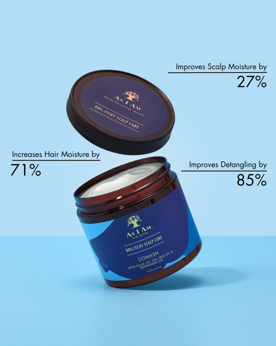 برطمان أزرق وبني من منتج للعناية بفروة الرأس مع نص على خلفية زرقاء فاتحة