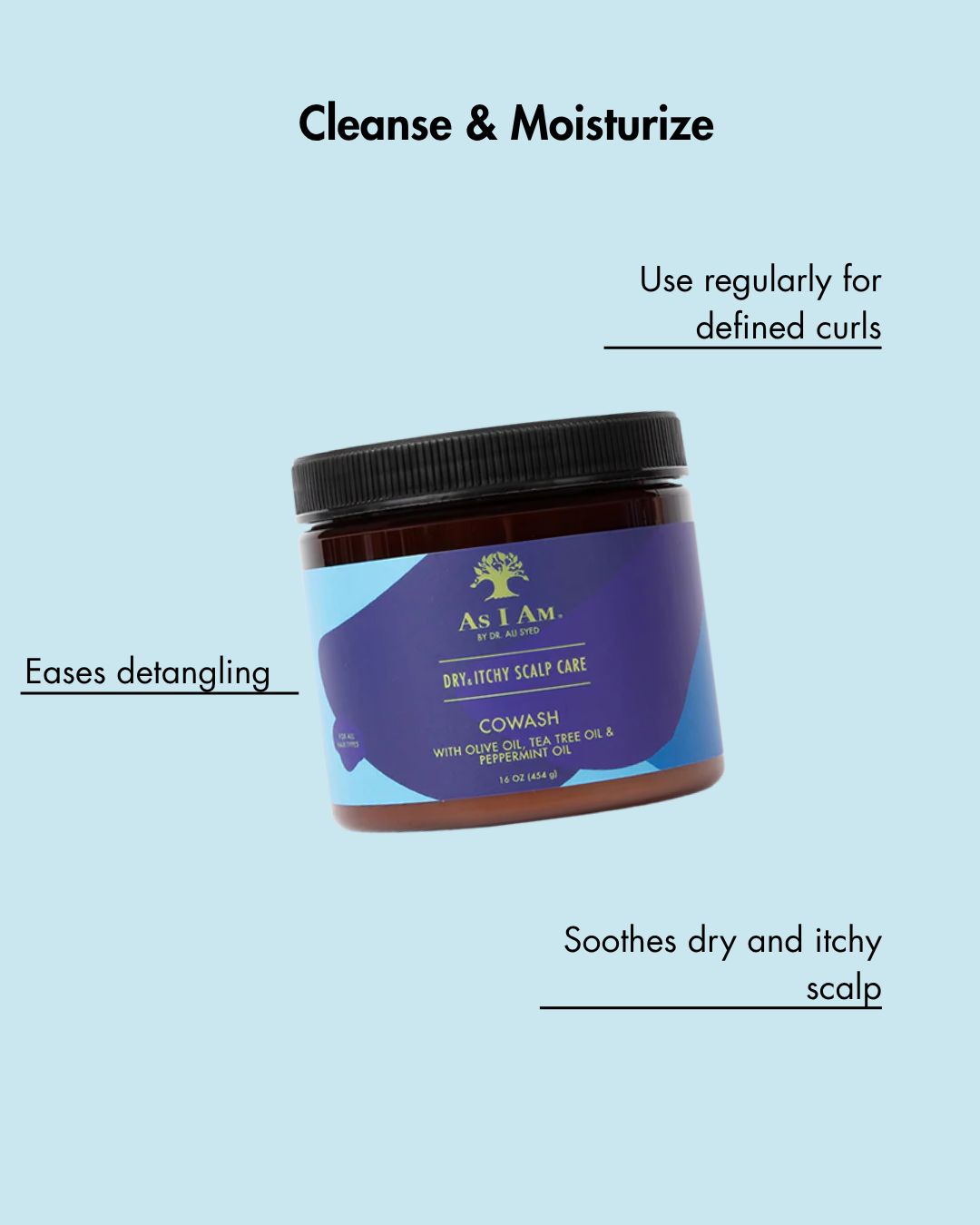 برطمان من منتج As I Am للعناية بالشعر على خلفية زرقاء فاتحة مع نص عن فوائده.