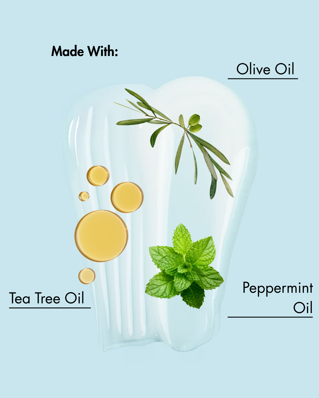 منتج بزيت الزيتون، وزيت شجرة الشاي، وزيت النعناع مكتوب عليه ملصق على خلفية زرقاء فاتحة