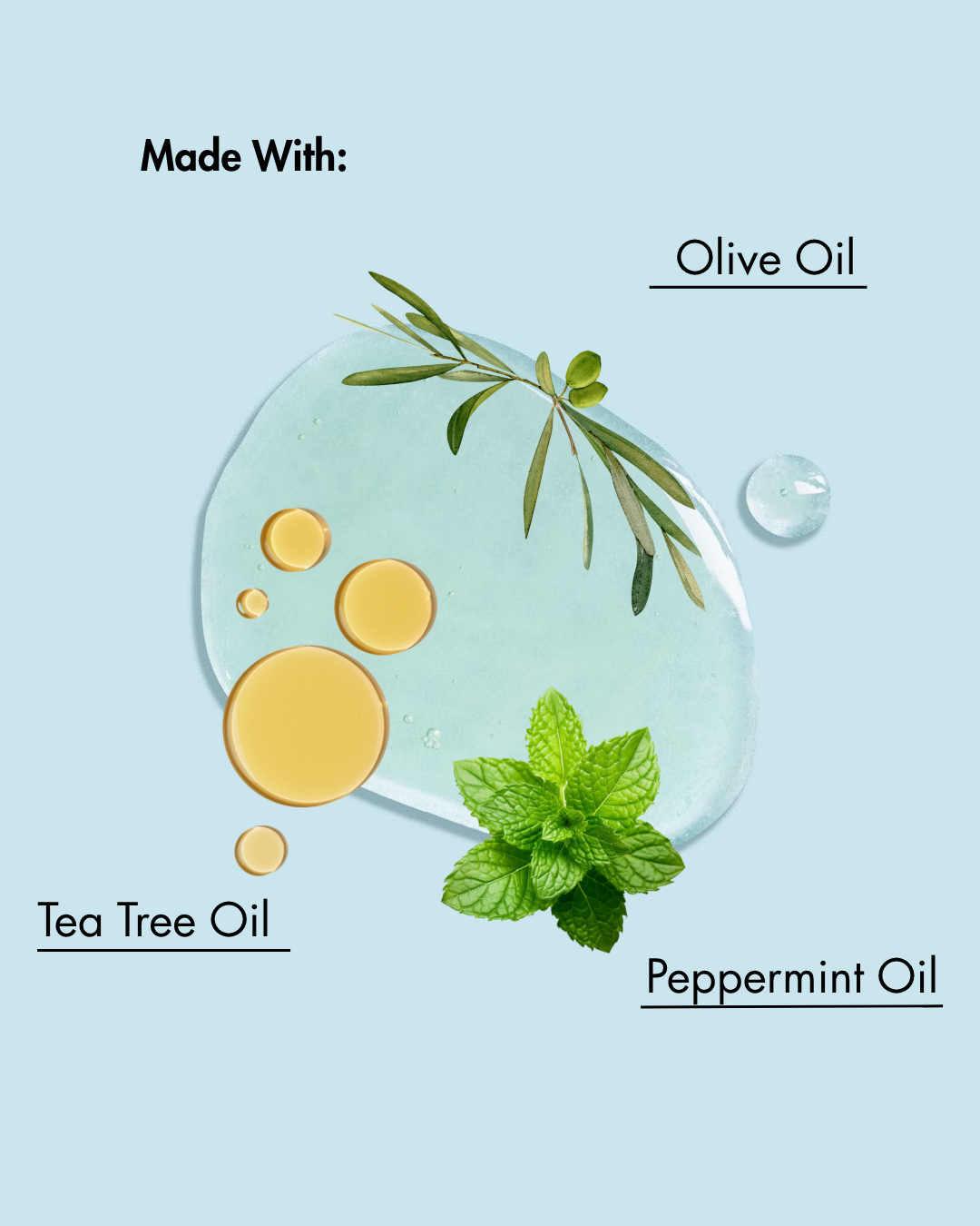 زيت الزيتون، وزيت شجرة الشاي، وقطرات زيت النعناع مع الأوراق على خلفية زرقاء فاتحة