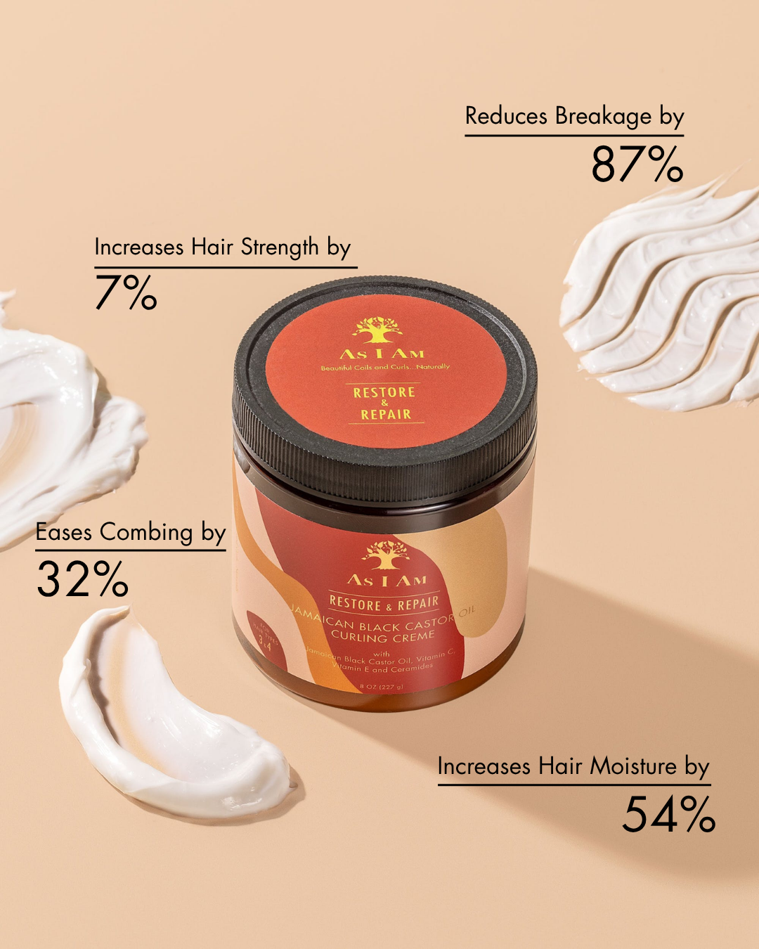 برطمان كريم التصفيف As I Am Restore & Repair مع نص على خلفية بيج