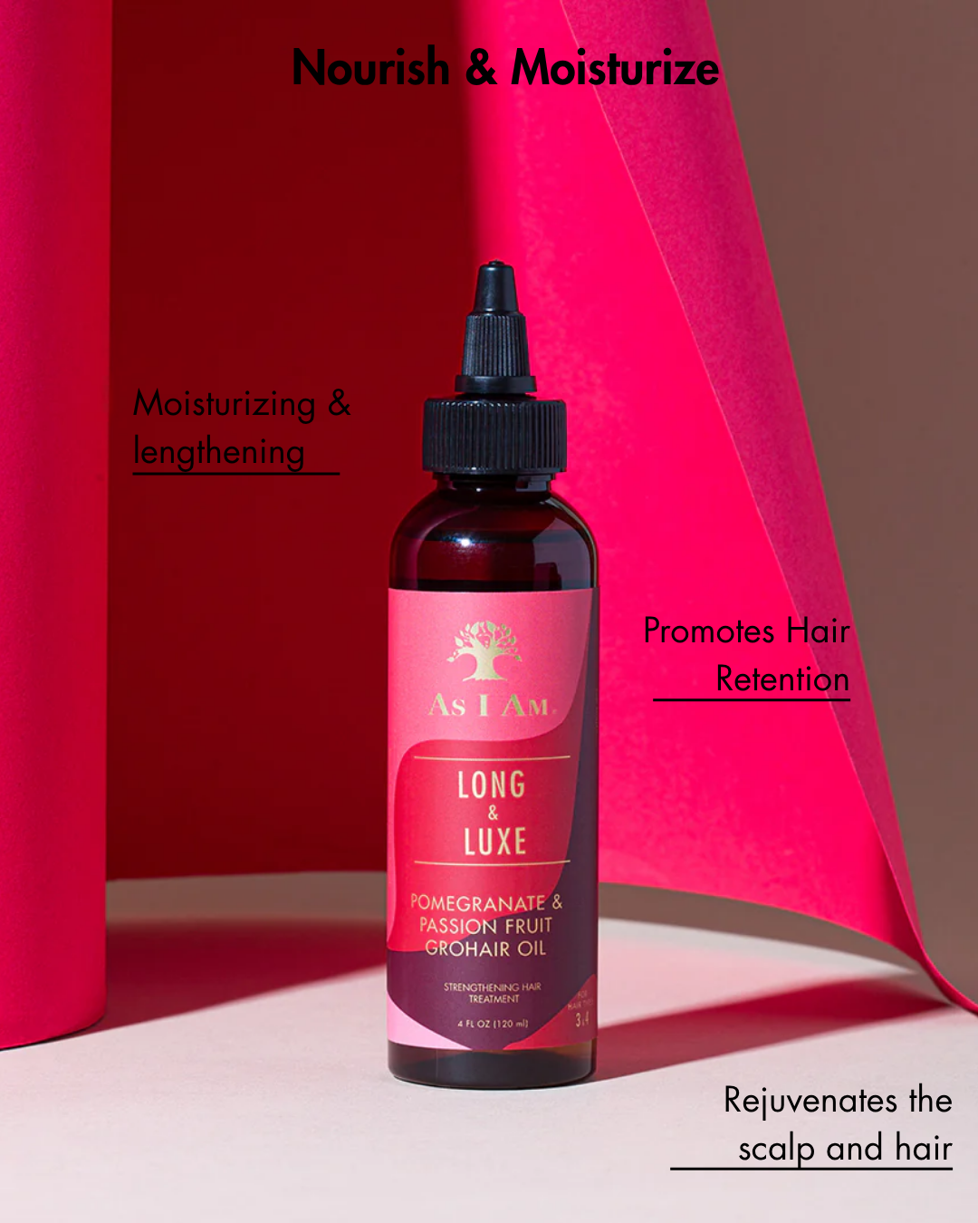 زجاجة من زيت الشعر As I Am Long Luxe مع نص يبرز الفوائد على خلفية حمراء وبنية