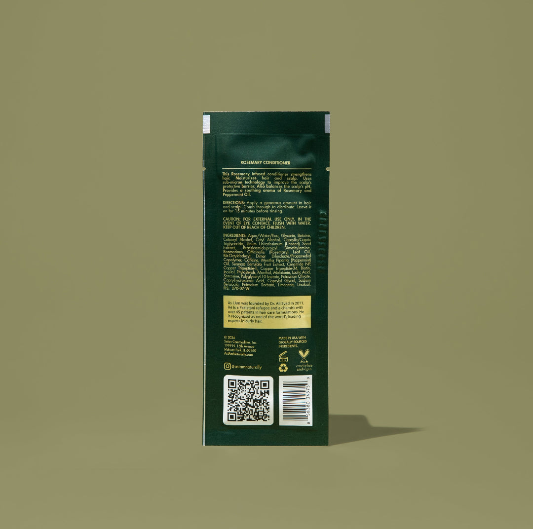 يأتي بلسم الروزماري AS I AM في كيس بحجم 1 أونصة بقوام كريمي غني بتركيبة غنية وكريمية، مصممة لترطيب الشعر بعمق وتقويته وفك تشابكه مع تعزيز نمو الشعر وتقليل تقصفه وتهدئة فروة الرأس.