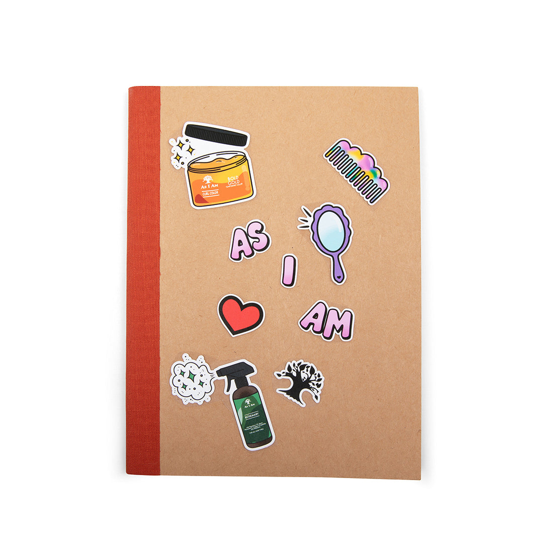 ملصقات تحمل علامة As I Am على دفتر ملاحظات - صورة مربعة تتميز بتصاميم ملونة ومفعمة بالحيوية تحتفي بالشعر الطبيعي والتعبير عن الذات، وهي مثالية لتزيين الأغراض الشخصية.