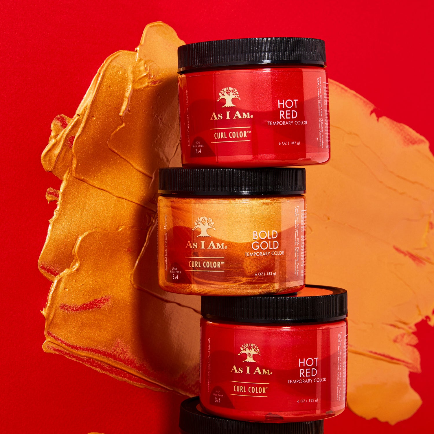 As I Am Curl Color في اللون الأحمر الساخن والذهبي الجريء - عبوتان مكدستان لعرض جل تلوين الشعر المؤقت النابض بالحياة الذي يعزز تجعيدات الشعر بلون غني وتحديد ولمعان.