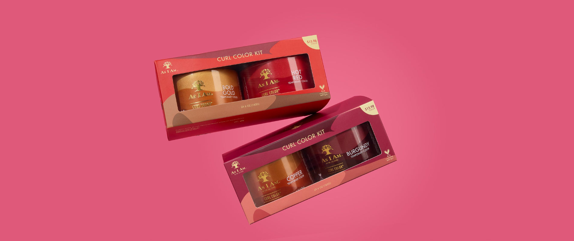 مجموعة ألوان As I Am x Showy Curl Color Kit - لقطة أمامية أمامية لمجموعات جل الألوان المعززة لتجعيد الشعر ذات الإصدار المحدود، والتي تتميز بألوان جريئة وعبوات تحمل علامة تجارية مشتركة للحصول على تجعيدات محددة مع لمعان نابض بالحياة.
