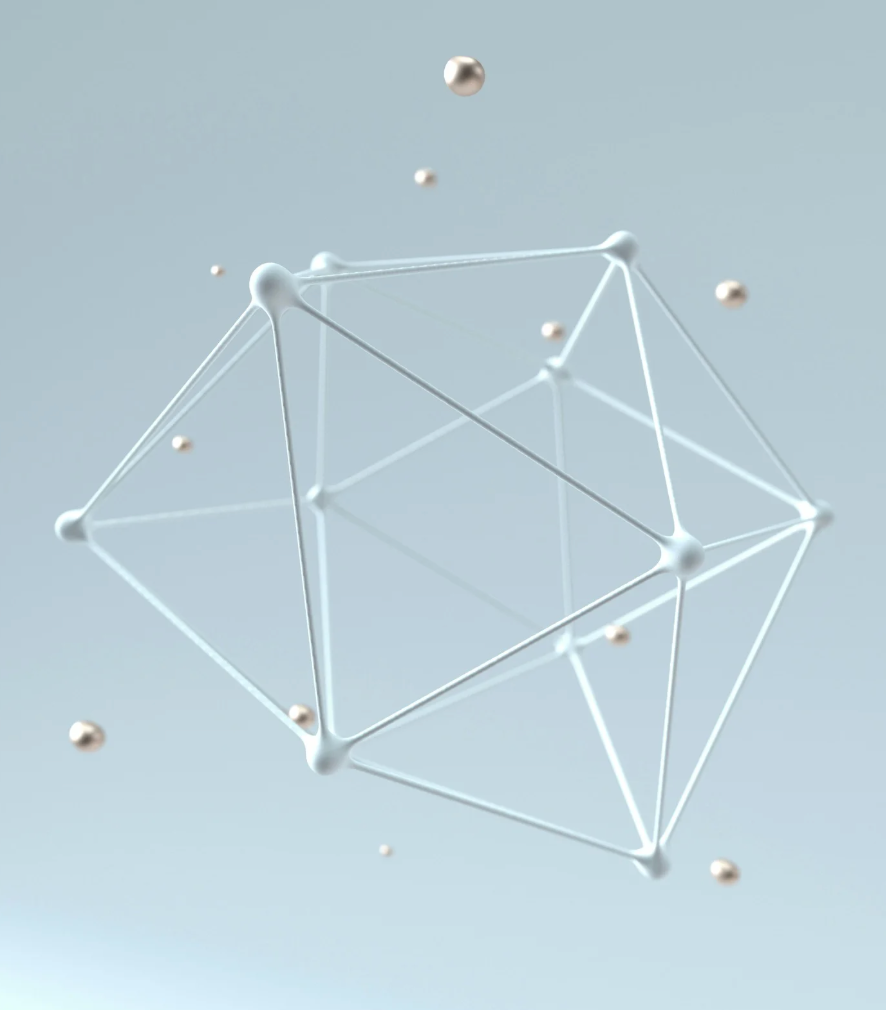 هيكل هندسي بقضبان بيضاء وكرات فضية على خلفية زرقاء فاتحة