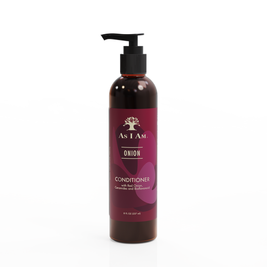 زجاجة بلسم As I Am Onion Conditioner على خلفية بيضاء