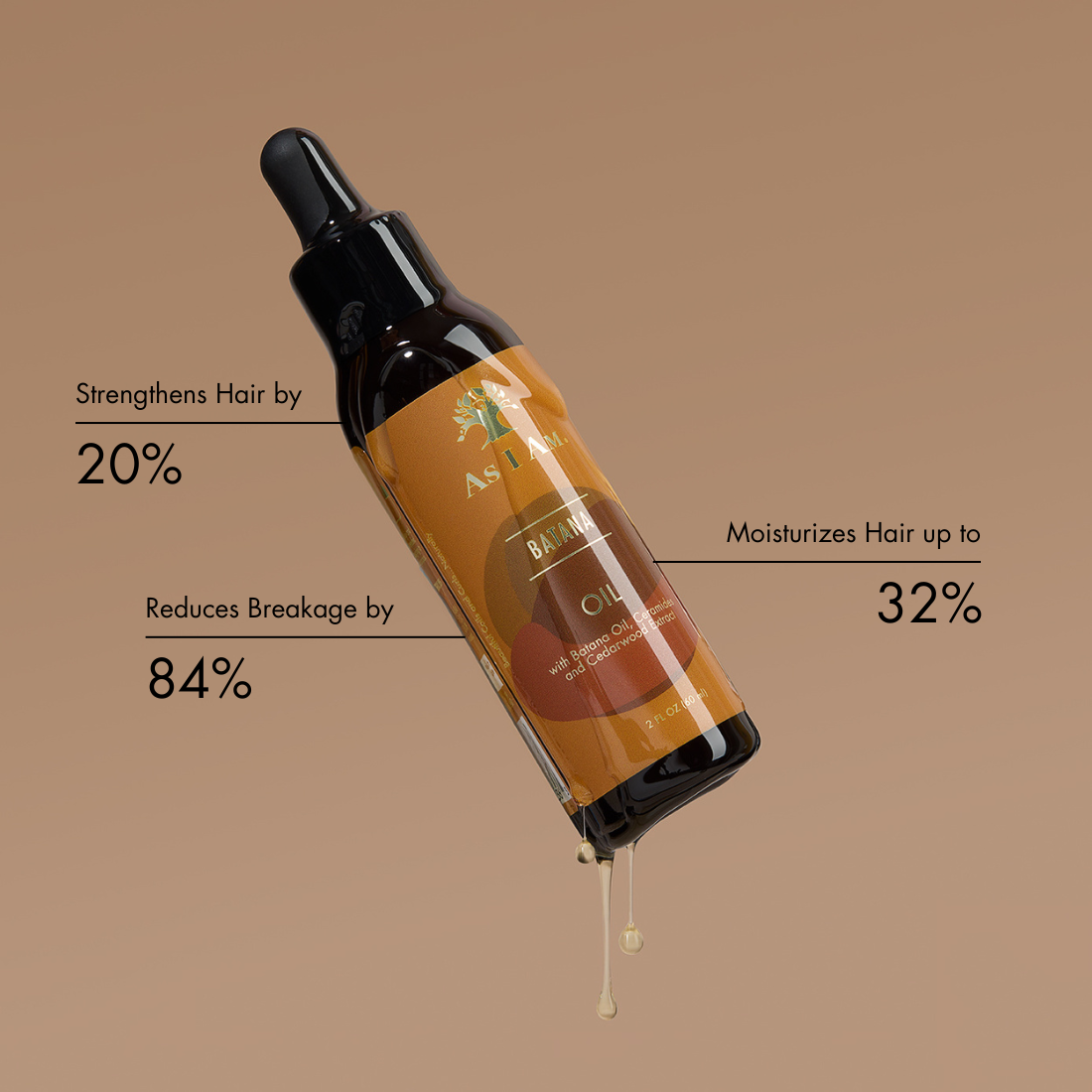 زجاجة قطارة زيت للشعر مع نص على خلفية بنية اللون