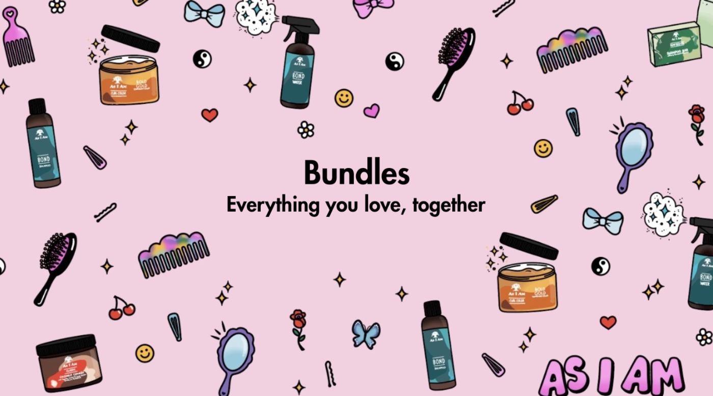 خلفية وردية اللون مع مختلف منتجات التجميل وعلامة "AS I AM" التجارية.