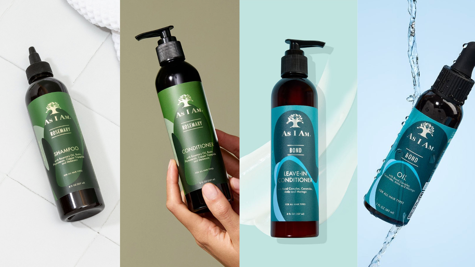 مجموعة من منتجات العناية بالشعر تشمل الشامبو والبلسم والزيت مع علامة تجارية واضحة على خلفية محايدة.