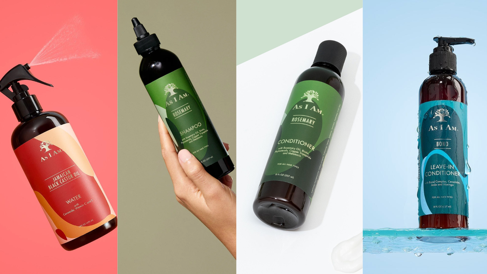 مجموعة منتجات العناية بالشعر As I Am تتضمن زجاجة رذاذ وشامبو وبلسم وزجاجة على خلفية ملونة.