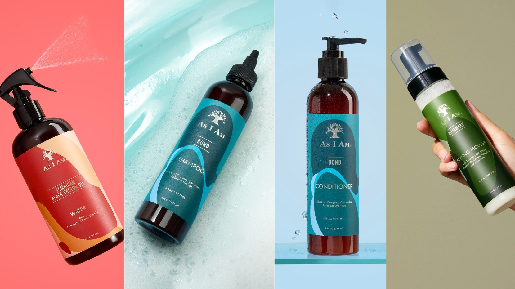 مجموعة منتجات العناية بالشعر As I Am على خلفية ملونة