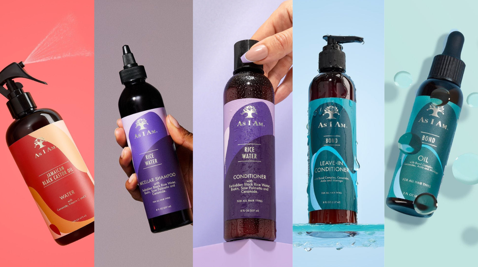 مجموعة منتجات العناية بالشعر As I Am على خلفية ملونة