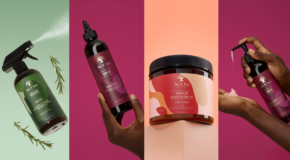مجموعة من منتجات العناية بالشعر تشمل زجاجة رذاذ وزجاجة ووعاء ويد تحمل منتجًا على خلفية ملونة.