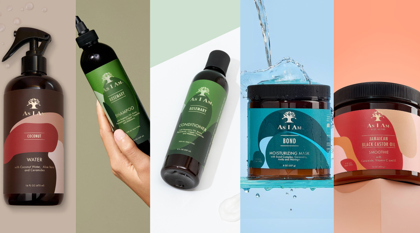 مجموعة من منتجات العناية بالشعر بما في ذلك زجاجات ومرطبانات على خلفية كولاج.