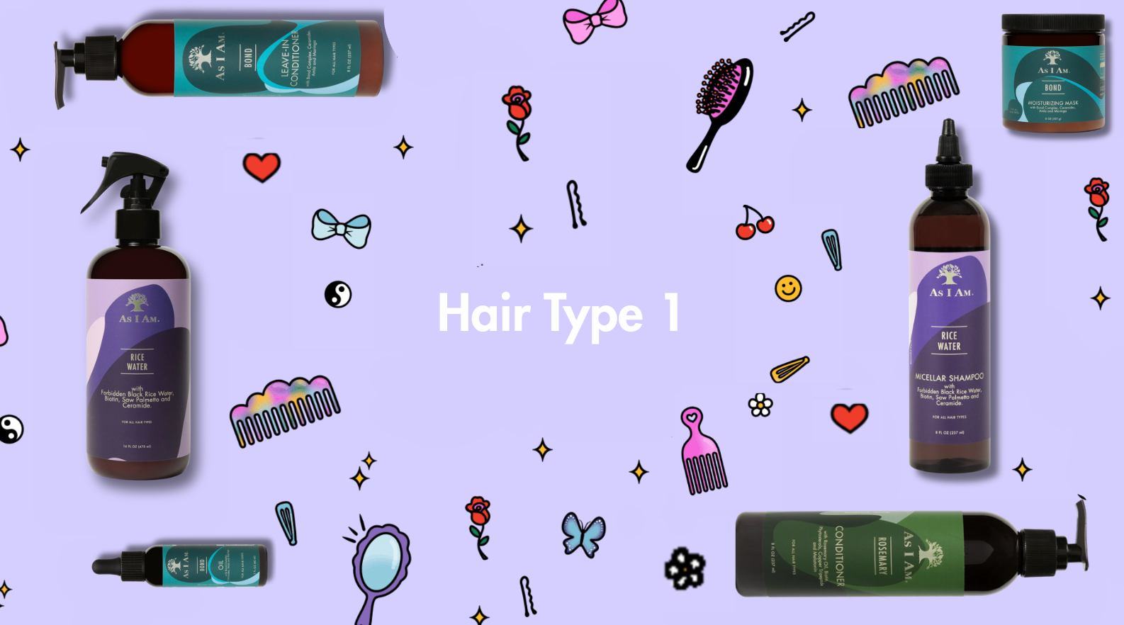 مجموعة من منتجات العناية بالشعر مع رسوم توضيحية على خلفية أرجوانية