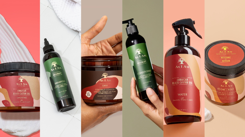 مجموعة من منتجات العناية بالشعر من as i am، بما في ذلك الشامبو والبلسم وأقنعة الشعر.