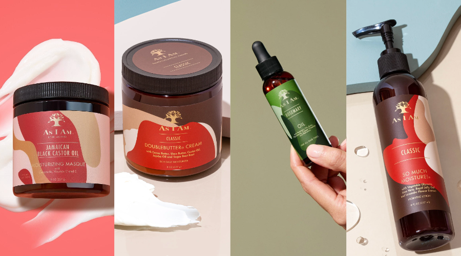 مجموعة منتجات العناية بالشعر As I Am على خلفية ملونة