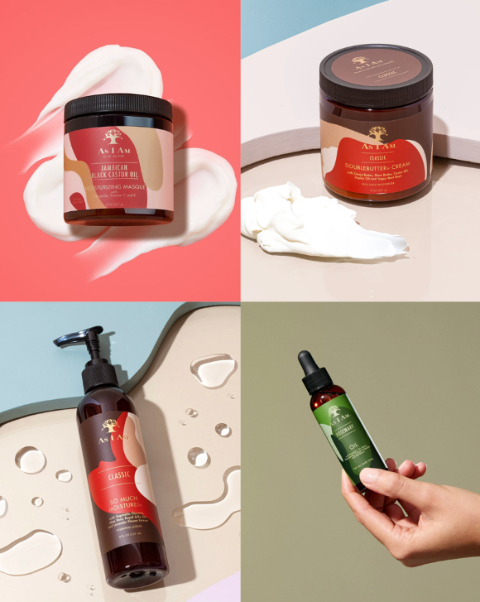 مجموعة من المنتجات تشمل برطمان وزجاجة وكريم على خلفية ملونة.