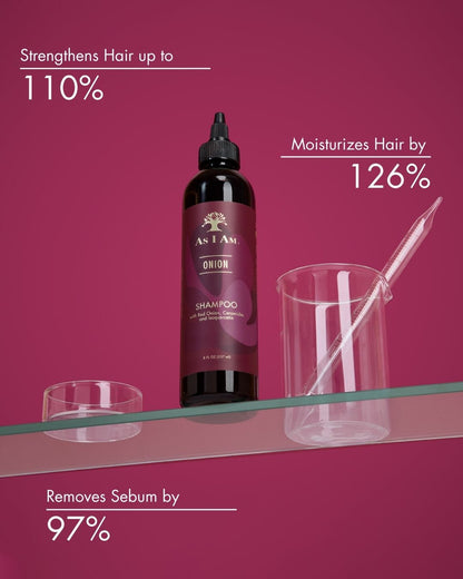زجاجة شامبو As I Am Onion على خلفية وردية مع نص يوضح مزايا المنتج.
