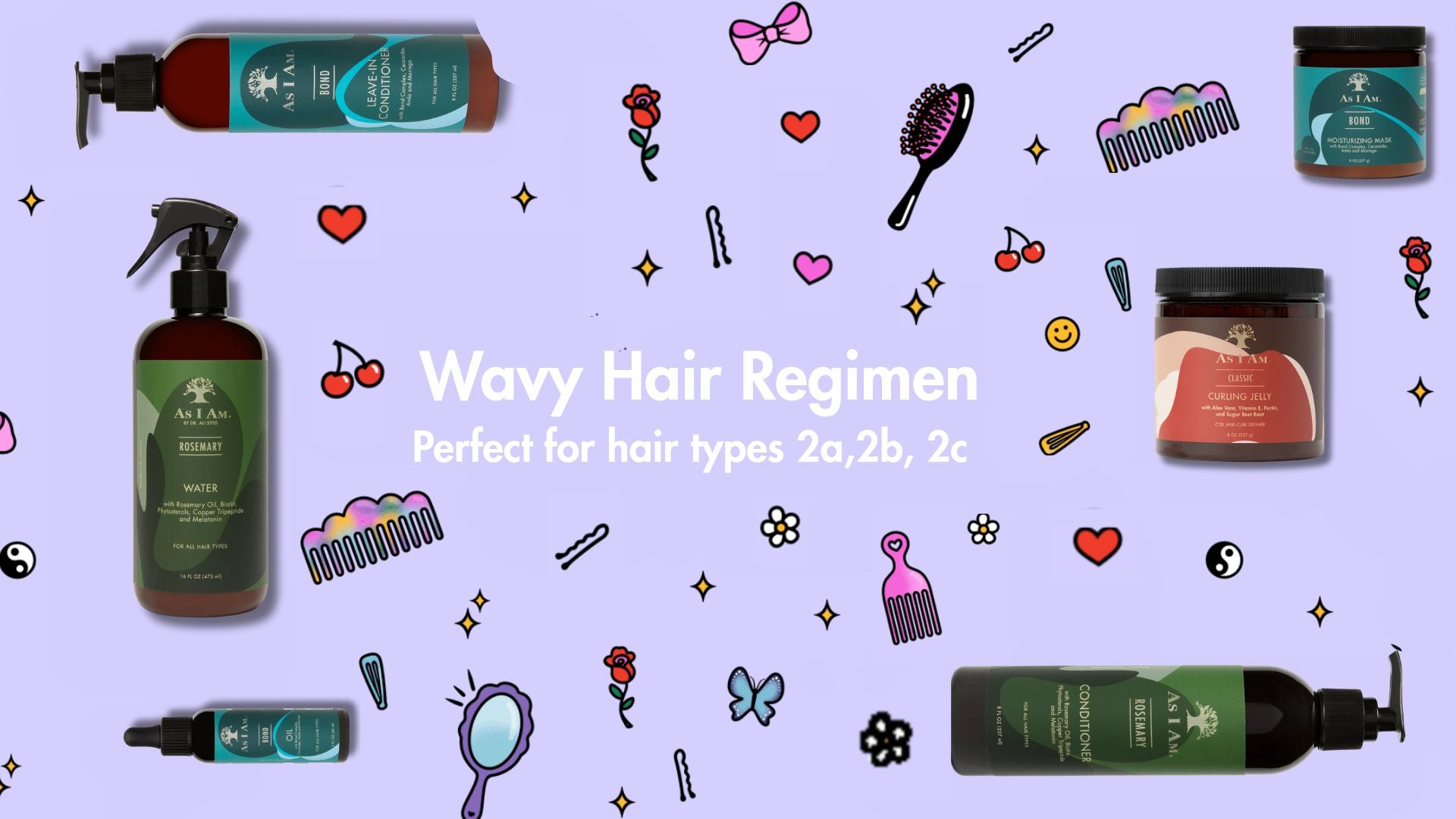 منتجات Wavy Hair Regimen على خلفية أرجوانية مع أيقونات للعناية بالشعر.